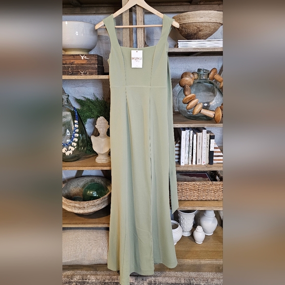 Mumu Paris Dress Formal Maxi Squareneck Side Slit Matching Sash Moss Green NWT - Picture 2 of 11